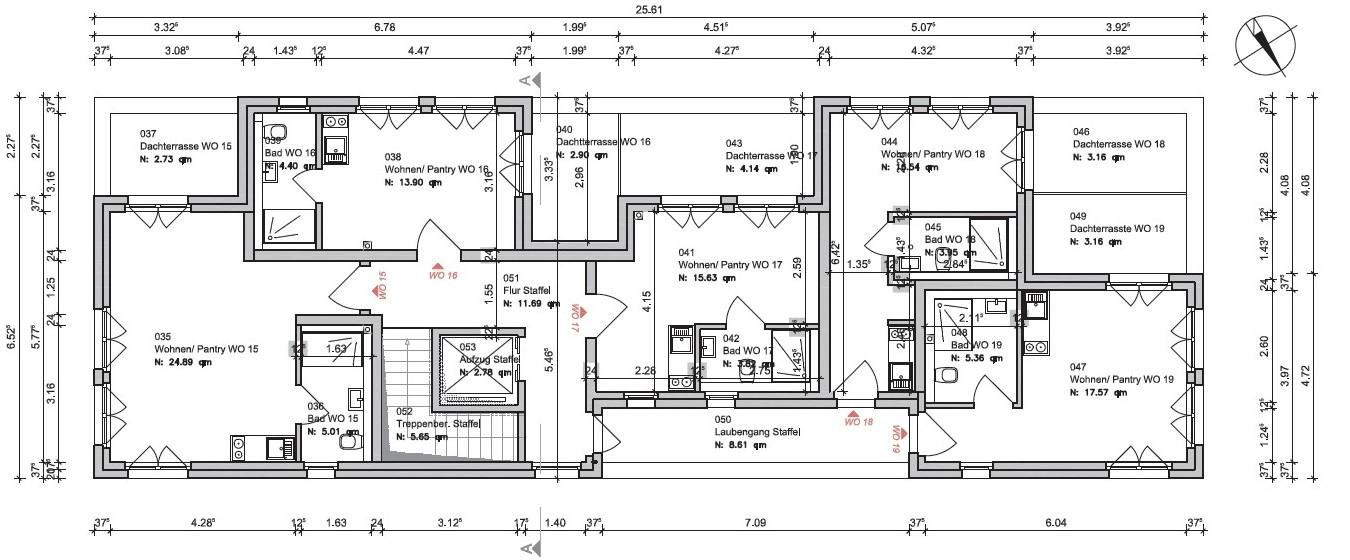 GRUNDRISSE DES PENTHOUSES MIT DACHTERRASSE (AUFZUG) MIT MAßANGABEN