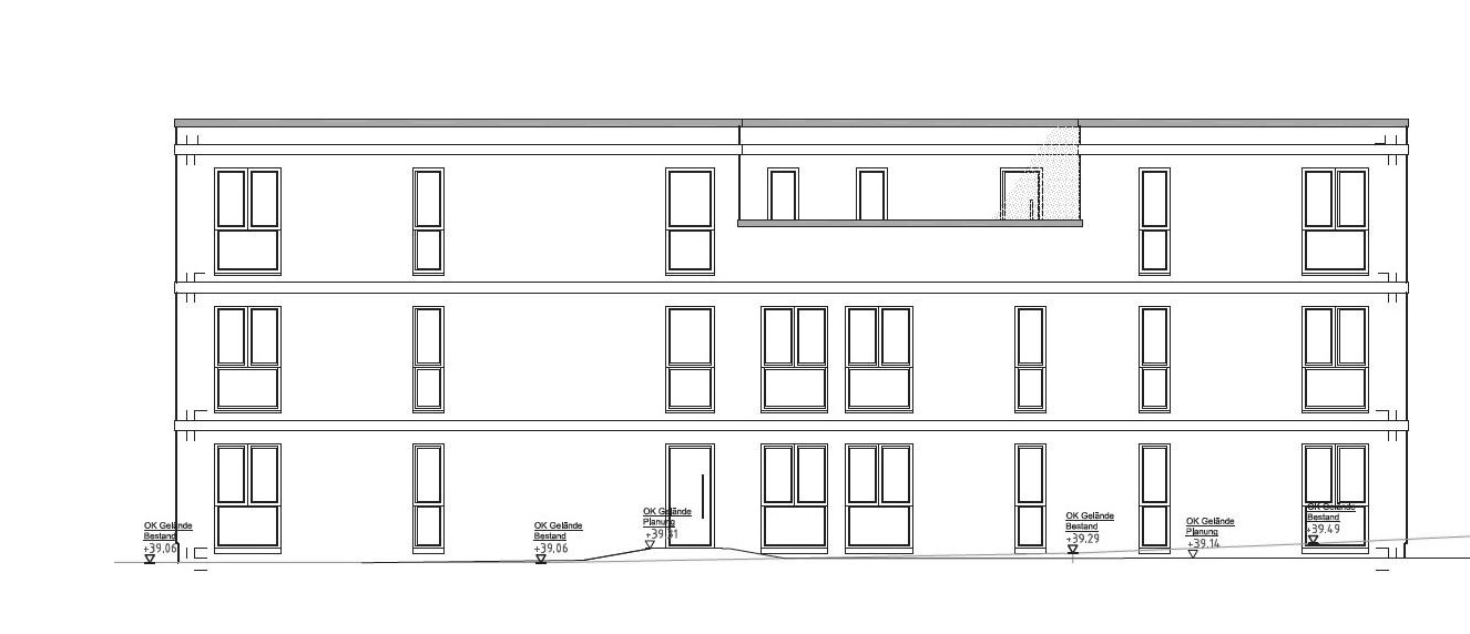 NORDOST ANSICHT - EBENERDIGER EINGANG UND LAUBENGANG ZU DEN HINTEREN BEIDEN PENTHOUSE WOHNUNGEN