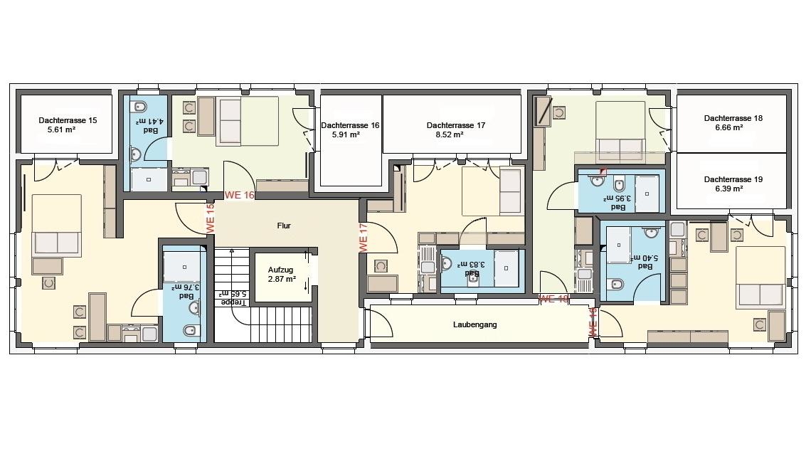 GRUNDRISSE DES PENTHOUSES MIT DACHTERRASSE (AUFZUG) MIT MÖBLIERUNGSVORSCHLÄGEN